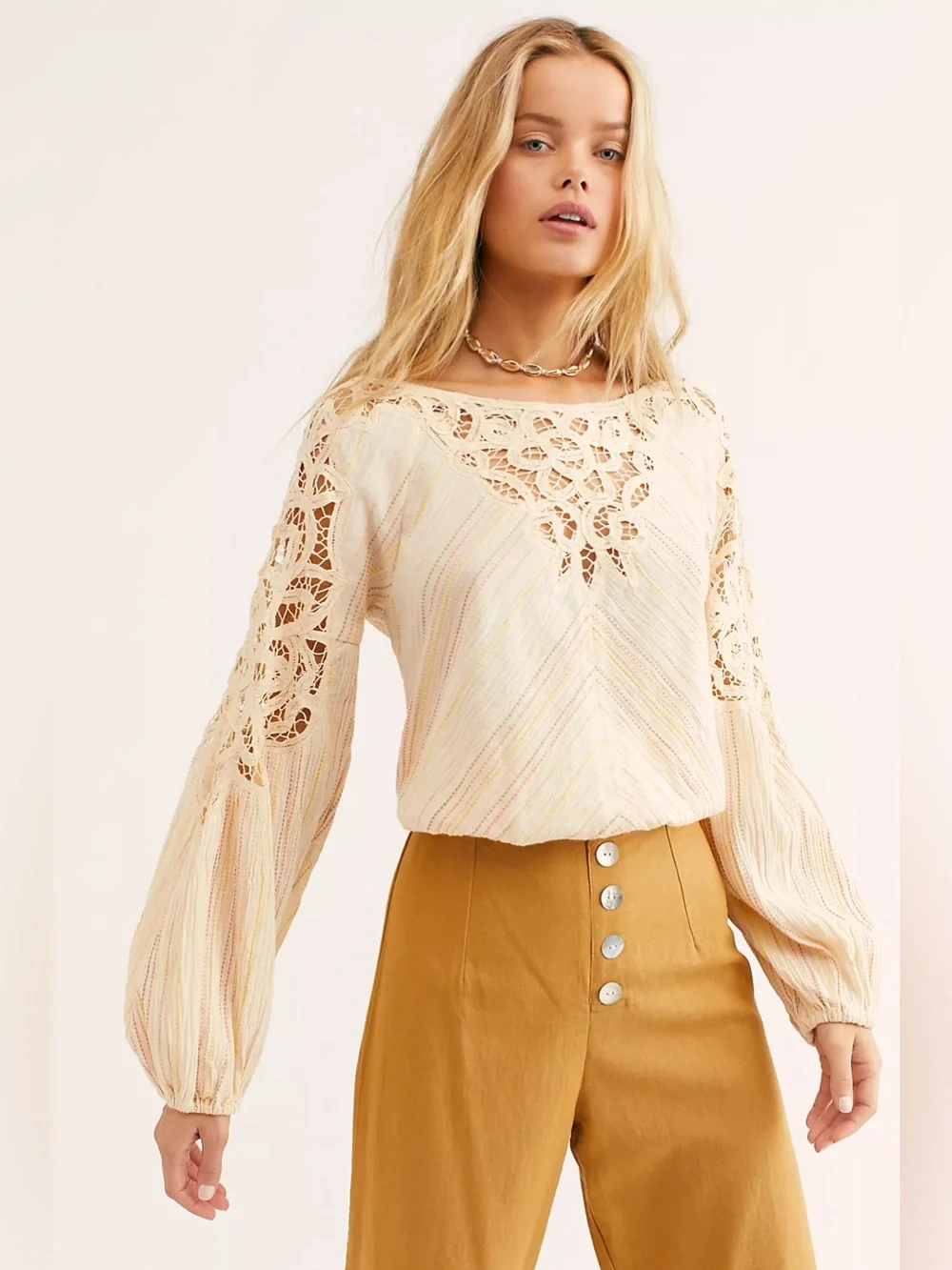 Free People Floating Memories Blouse Retro Crochet Lace Ivory size L Boho